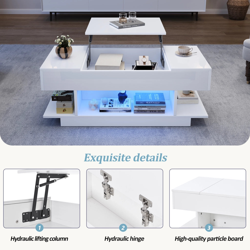 Tavolino basso sollevabile con piano rialzabile 2 vani con anta a ribalta 4 vani aperti LED bianco 98 × 45 × 40 cm