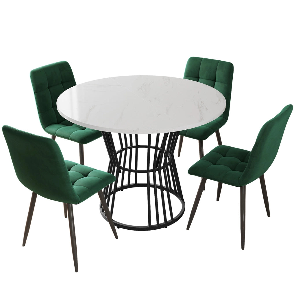 Tavolo da Pranzo Rotondo con 4 Sedie ¨C MINIMAL ¨C Piano Bianco MDF, Gambe Metallo Nero, Velluto Verde, 100cm