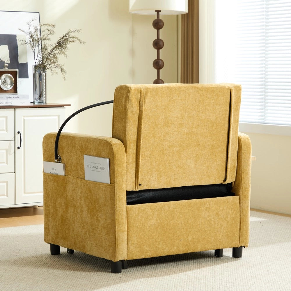 Divano letto singolo ¨C Minimal ¨C Chenille grigio, con cuscini, tasche laterali e tavolino