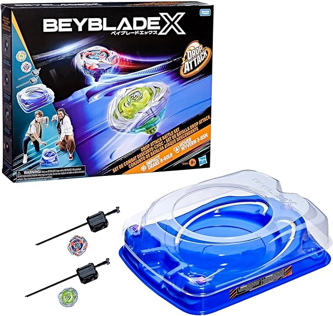 EIC Beyblade X, Drop Attack Battle set,Arena e due trottole incluse,Impact Drake 9-60LR Hover Wyvern 3-85N,Hasbro,ETa 8+