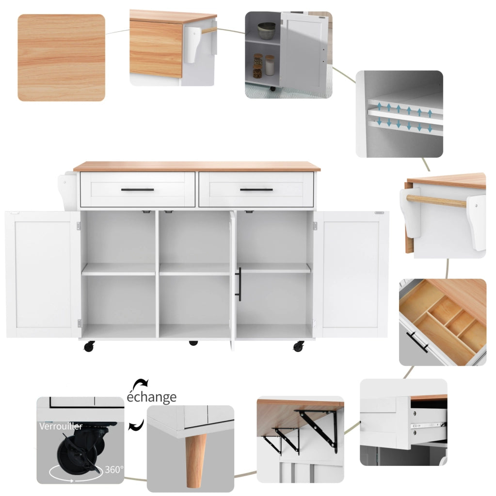 Carrello cucina con piano pieghevole 129x71x91;5 cm in MDF bianco e naturale