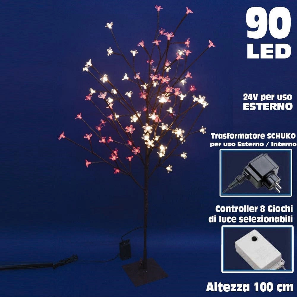Trade Shop - Albero Di Natale Luminoso Ciliegio Per Esterno 90 Led 100cm Bianco Caldo E Rosso -