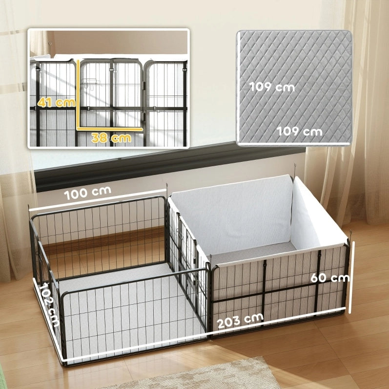 Recinto per cuccioli 203x102x60 cm in poliestere nero, 7 pannelli, 2 zone –