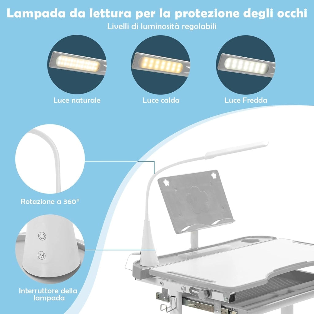 Set Scrivania e Sedia per Bambini, Tavolo Regolabile in Altezza con Piano Inclinabile 45° e Luce LED 3 Modalità, Tavolo e Sedia Ergonomica in Materiali Sicuri per 4+ Anni (Grigio)