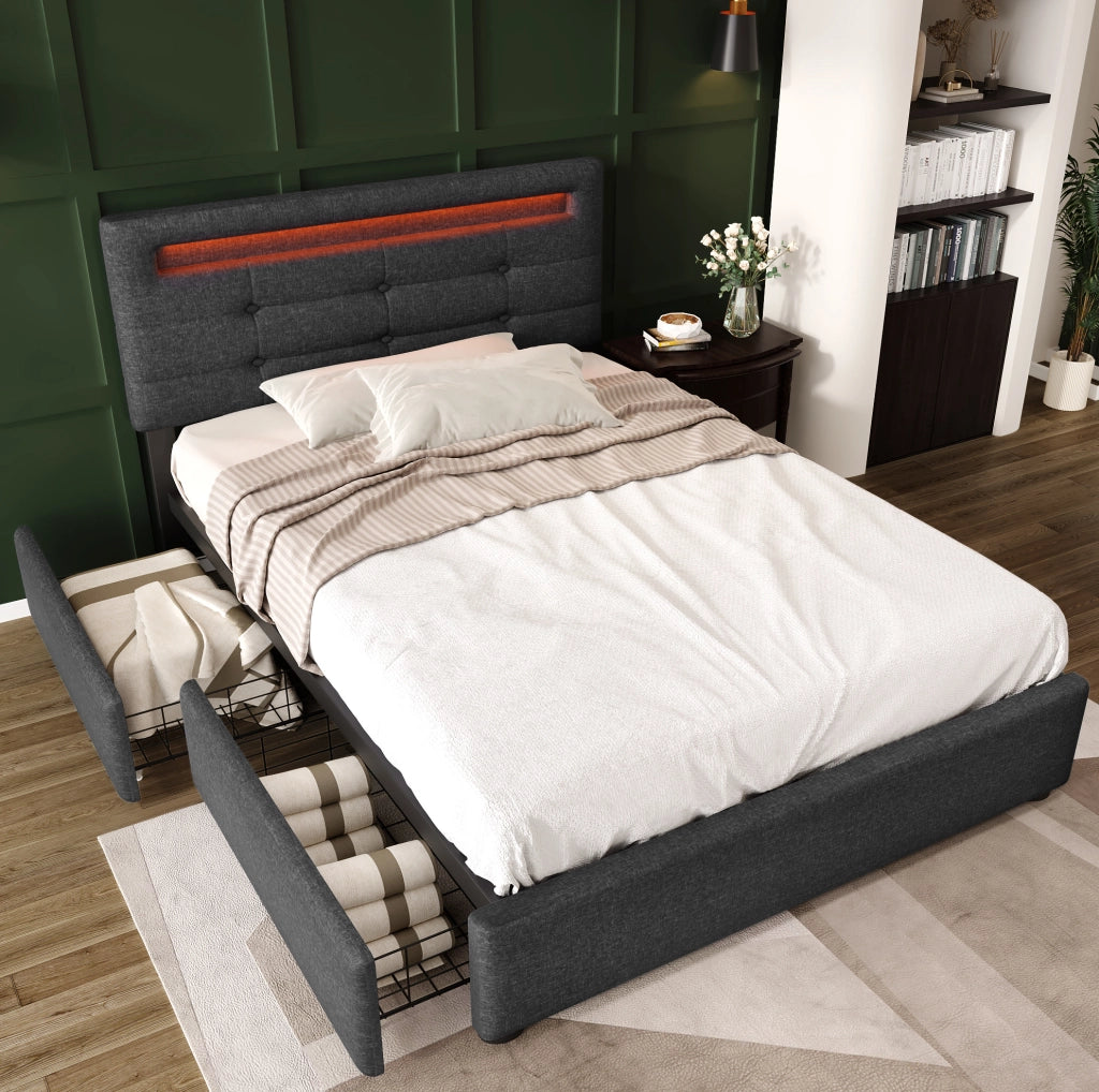 Letto singolo imbottito 90x200 cm con LED e 2 cassetti