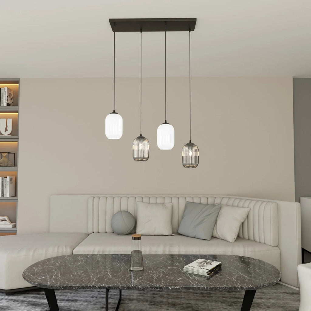 Lampadario 4 Luci Selene In Acciaio Nero E Vetri Plissettati In Bianco E Fumè