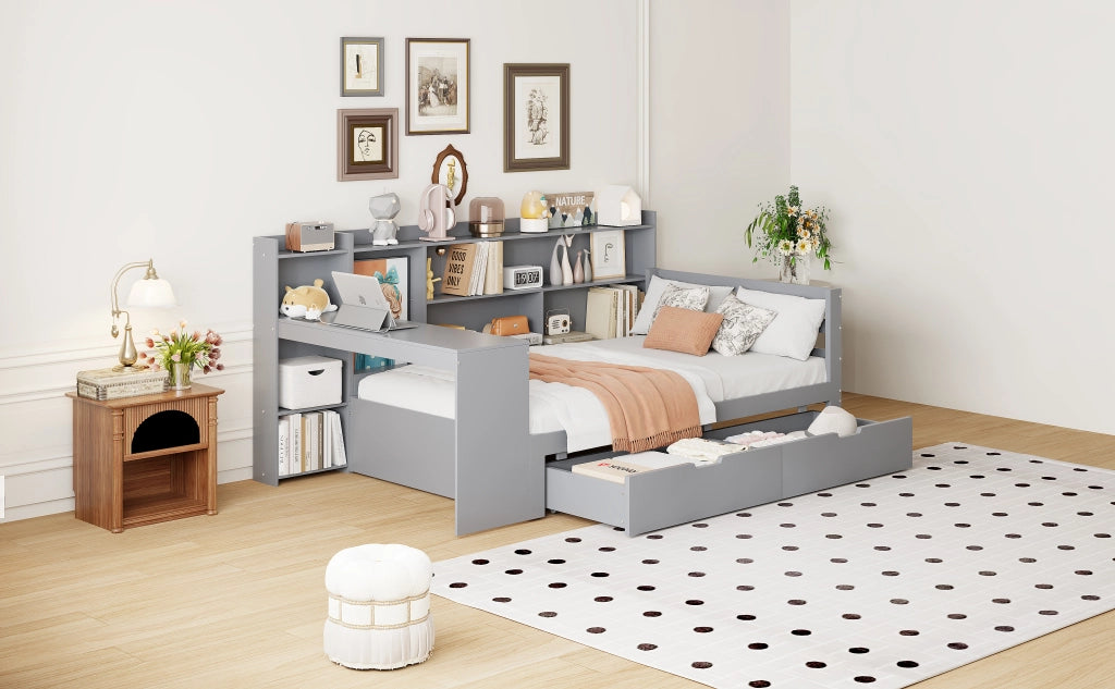 DESMIU Letto singolo 90 × 200 cm con scrivania, ripiani, libreria, cassetti e USB, senza materasso, grigio