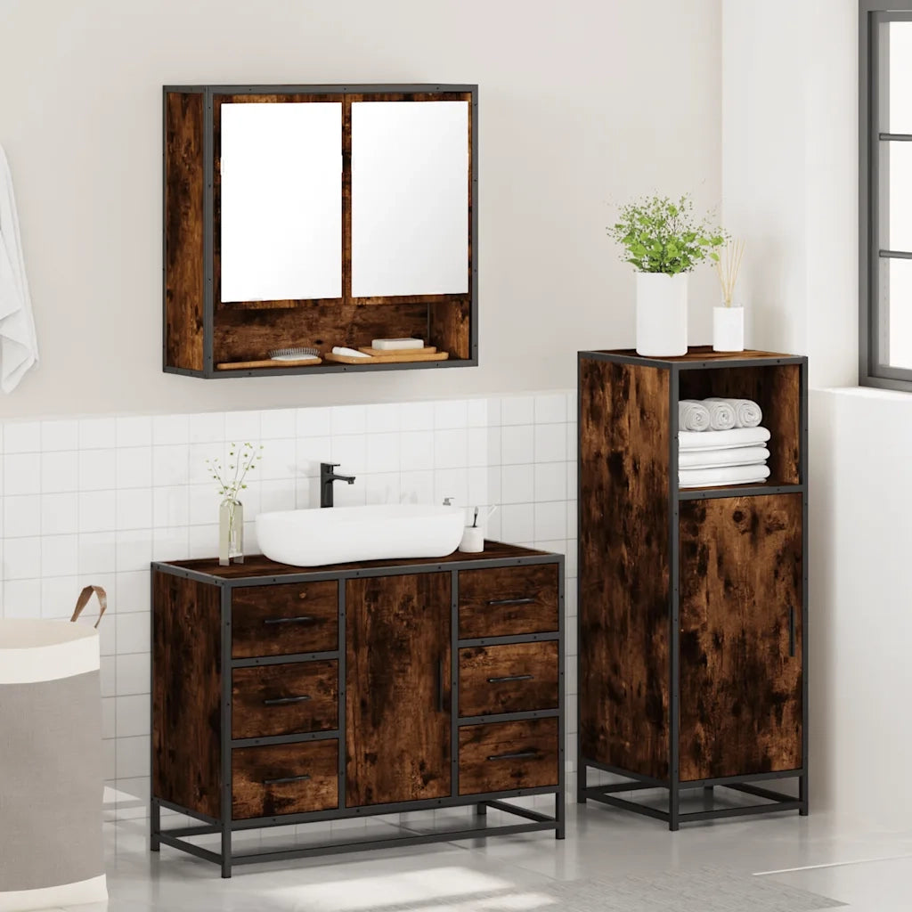 Set Mobili da Bagno 3 pz Rovere Fumo in Legno Multistrato
