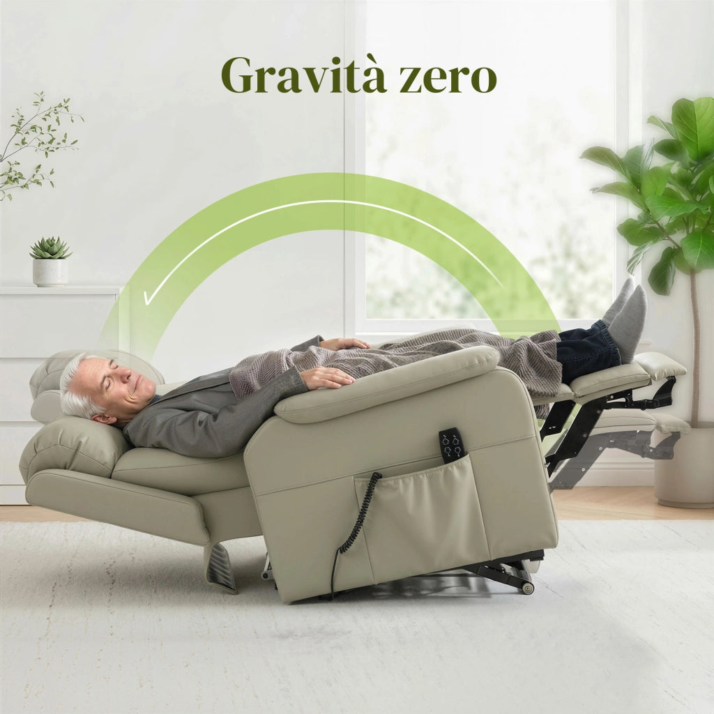 Poltrona Elettrica Alzapersona Reclinabile 170¡ã in Pelle Finta Traspirante con 2 Motori, Telecomando, 4 Ruote, Freno, Poggiapiedi, Tasche Laterali, Crema