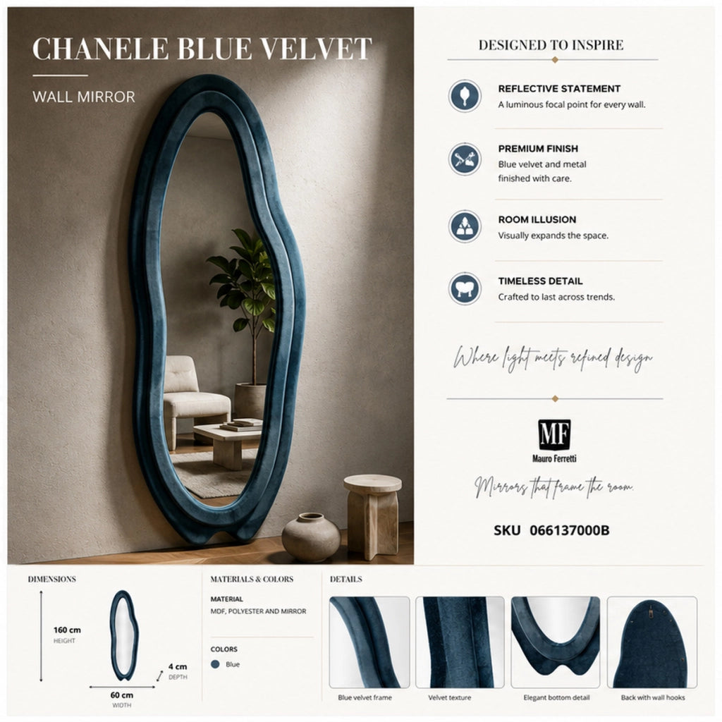 Specchio da parete Chanele dalla forma organica in velluto blu 67x166 cm