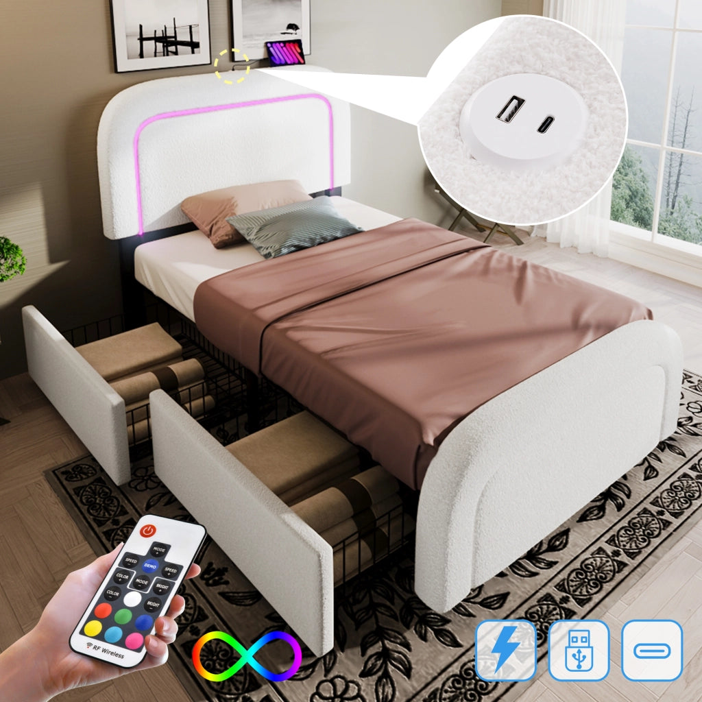 OKWISH Letto con Cassetti Singolo, USB, Type-C, LED e 2 Cassetti, 90 x 200 cm, con Materasso, Bianco