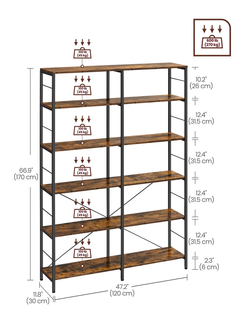 Libreria a 6 ripiani 30 x 120 x 1725 cm stile industriale per soggiorno ufficio balcone cucina marrone 12_0004184