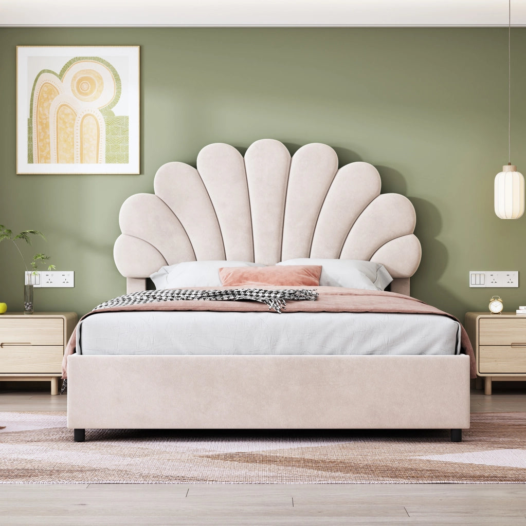 Letto matrimoniale imbottito 140x200 cm con contenitore idraulico e testiera floreale regolabile; beige
