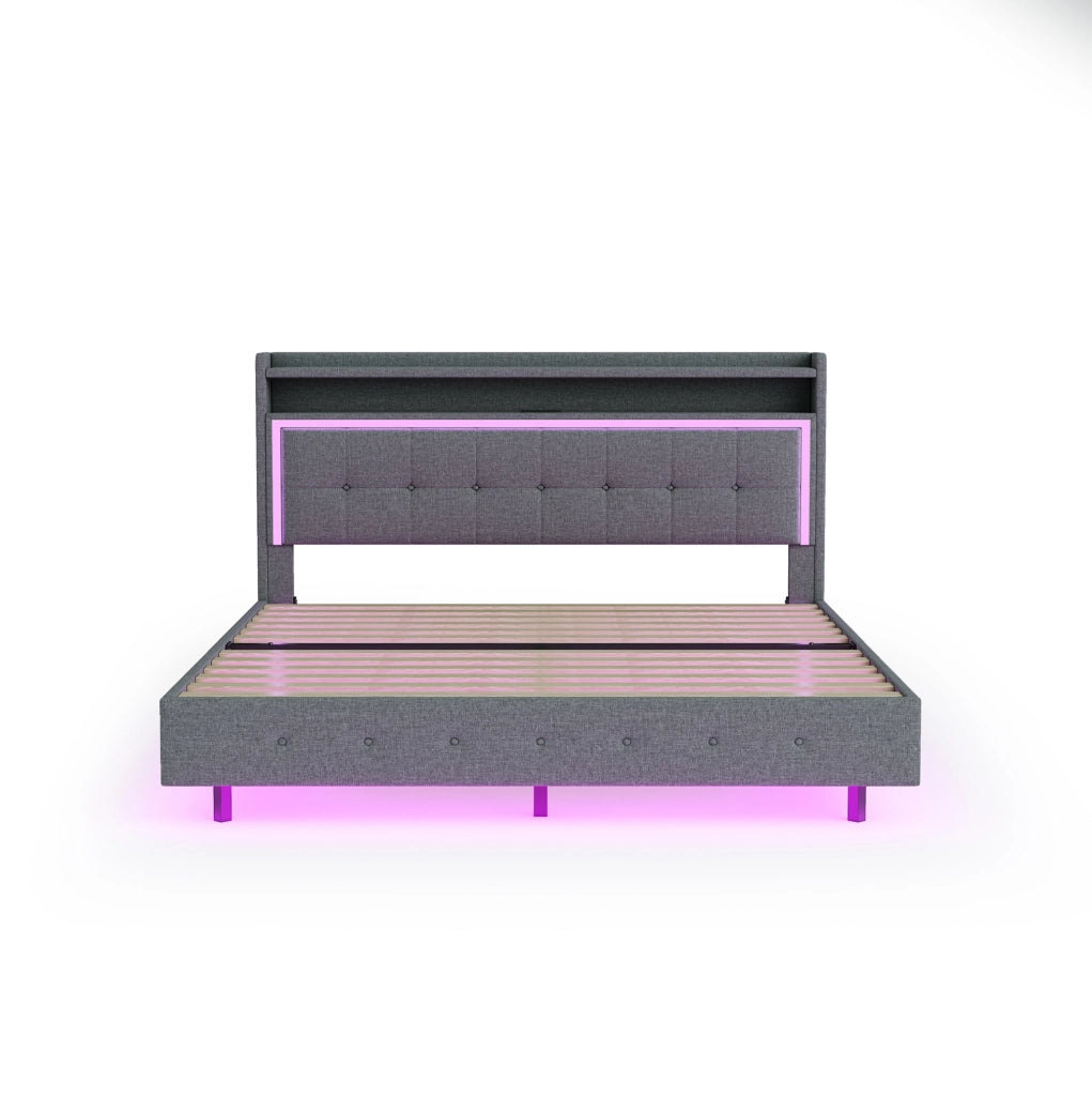 Letto imbottito 140x200 cm grigio con USB, LED e rete a doghe