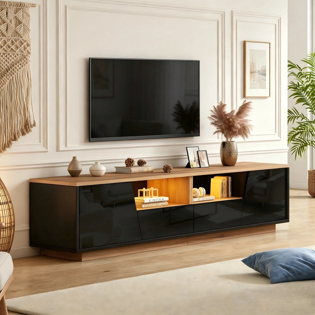 Mobile TV con LED; 2 ante; 2 cassetti e 2 vani semiaperti; frontale lucido; per soggiorno; nero; 180 × 40 × 46 cm