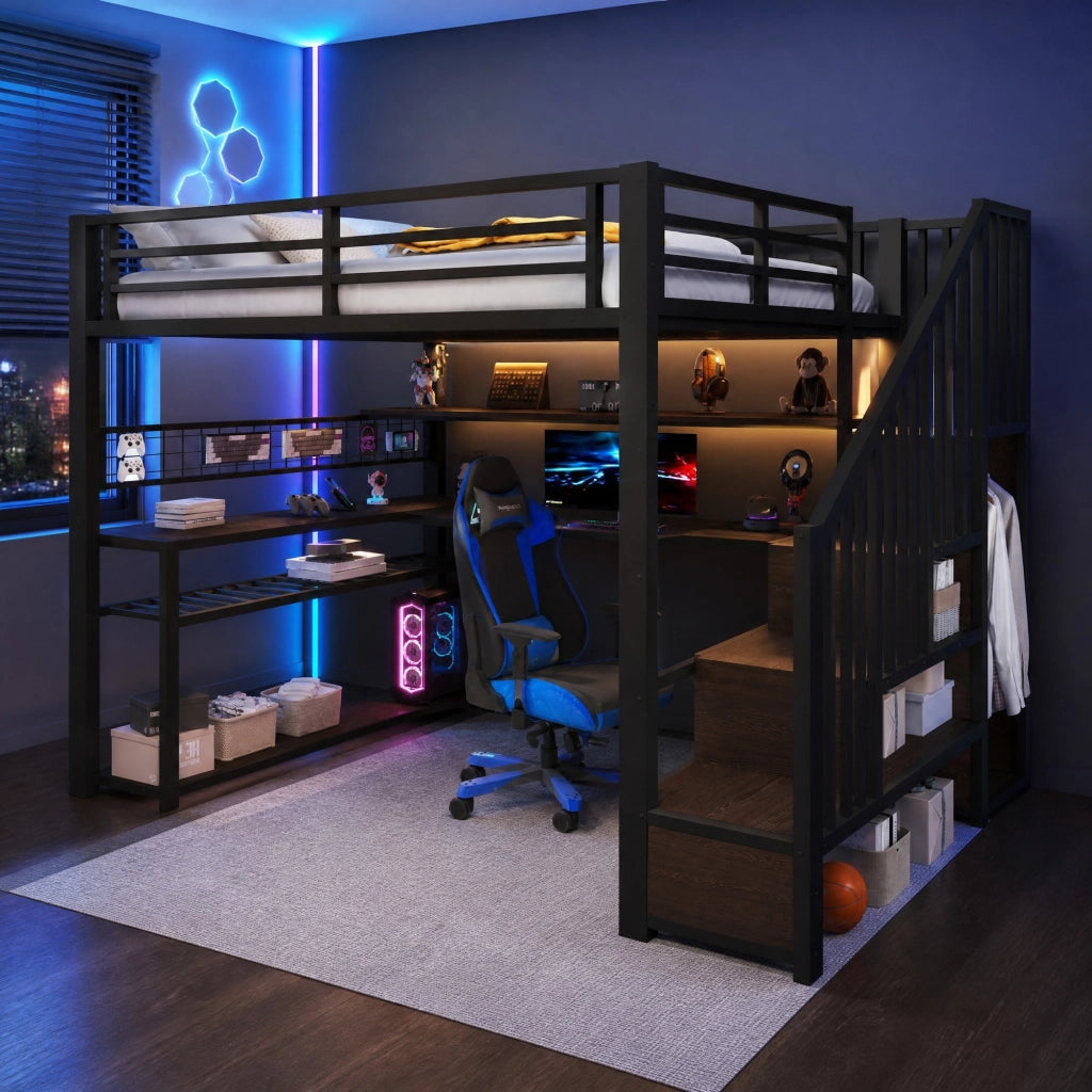 Letto a soppalco 140x200 cm con LED RGB, scrivania e armadio in metallo e MDF nero