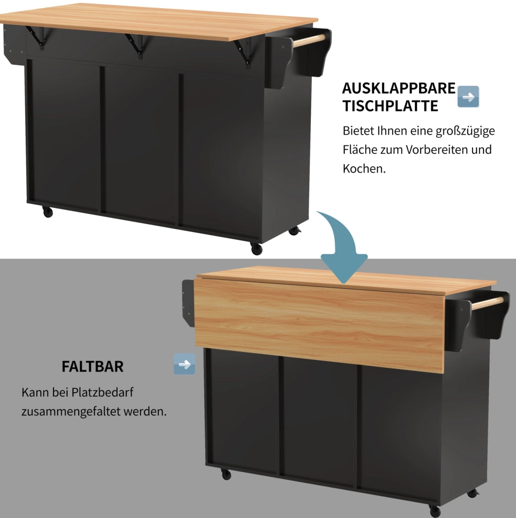 Carrello da cucina multifunzionale con piano ribaltabile 139x46(71)x91;5 cm; nero e naturale