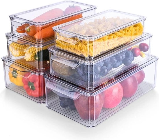 Organizzatore per Frigorifero, scatola trasparente e stivata, organizzatore, set, cassettiera per frigorifero, contenitori per la dispensa per la cucina, frigorifero, armadi, mensole, set da 6 pezzi