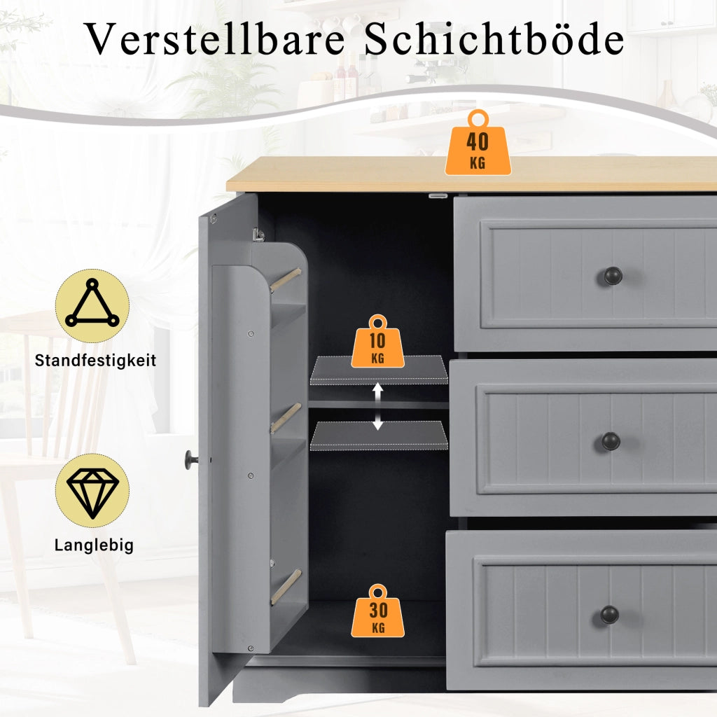Credenza con 3 cassetti e 2 ante; ripiani regolabili - per cucina - in MDF - grigio