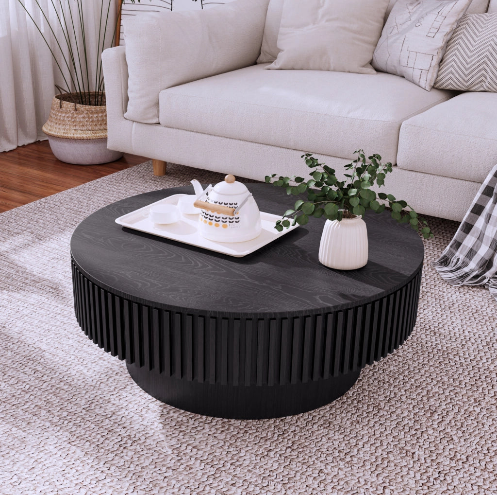 Tavolino da caffè rotondo 75 cm con vano contenitore, MDF impiallacciato in legno, colore nero