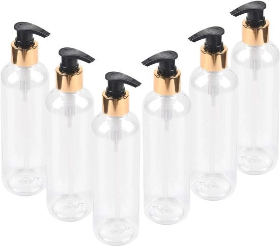 Confezione di 6 flaconi PET - dispenser per sapone e crema - 250 ml - flacone per shampoo - gel doccia - trasparente - riciclabile - per uso domestico - viaggio - contenitori per crema per mani