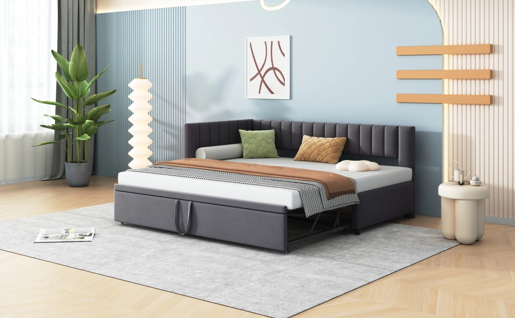 Divano letto a L con letto estraibile velluto grigio 90x200 cm