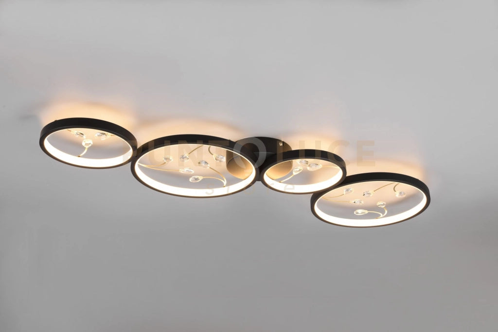 GROOVY PLAFONIERA LED  37W 4600lm, 3000K 4 CERCHI CON DECORI GEMME TRASPARENTI NERA CON FUNZIONE DI REGOLAZIONE INTENSITA' CON NORMALE INTERRUTTORE A PARETE L. 96CM