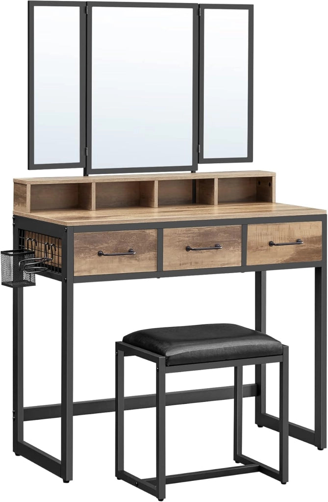 VASAGLE Toeletta con sgabello imbottito, tavolo da toeletta con triplo specchio, 3 cassetti, porta asciugacapelli cosmetico stile industriale, marrone rovere/nero RVT004B50