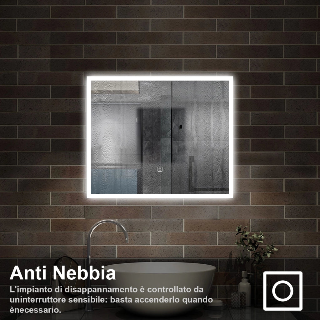 specchio rettangolare 80x60 cm con luce led, antiappannamento e touch