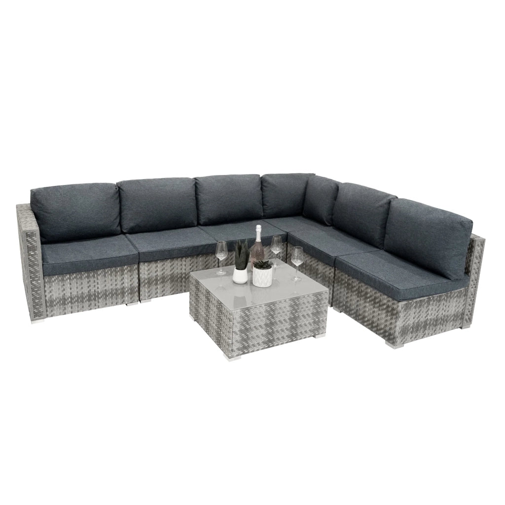 Set Divani Rattan Grigio 7 Pezzi da Giardino con Cuscini e Tavolino