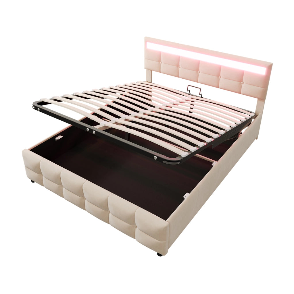 Letto imbottito 180x200 cm con LED; contenitore idraulico e rete a doghe; beige