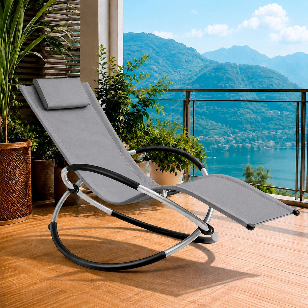 Dondolo Reclinabile Da Giardino Con Poggiatesta Removibile In Textilene Traspirante Telaio Metallo Relax Outdoor 73 x 150 x 93 Cm Grigio