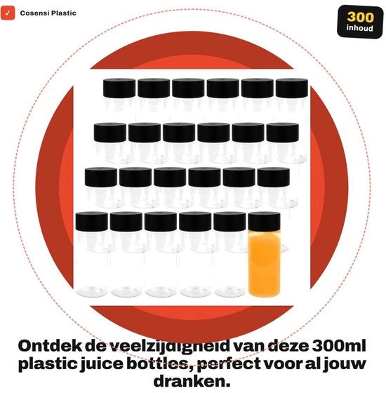 Bottiglie di Plastica per Succo 24 pezzi - 300ml - Plastica Sicura per Alimenti - Tappi con Viti a Bucaneve - Leggero e Portatile - 142 x 57mm - Otre per Bevande