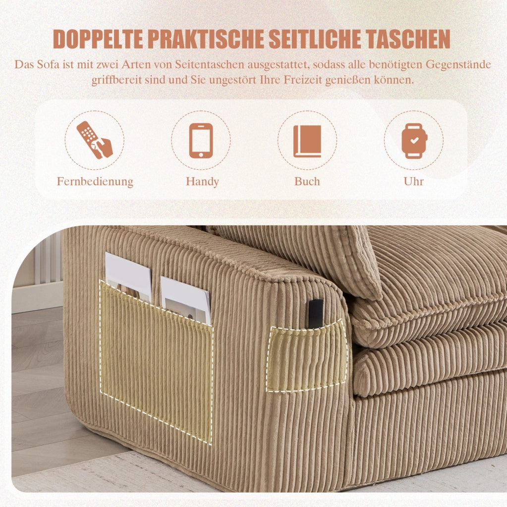 Divano modulare in velluto a coste khaki con pouf; tasche laterali e cuscini