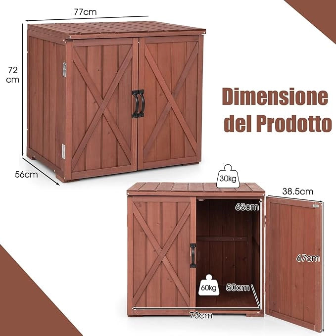 Casetta da Giardino in Legno di Abete, Capanno da Esterno con Doppie Ante Magnetiche e Comode Maniglie, Ideale per Giardino, Giardino, Fattoria e Cortile, 77 x 56 x 72 cm