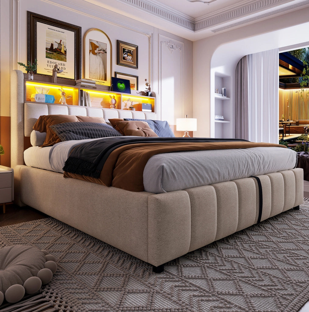 Letto imbottito 180x200 cm con LED, porte USB e contenitore con sollevamento idraulico