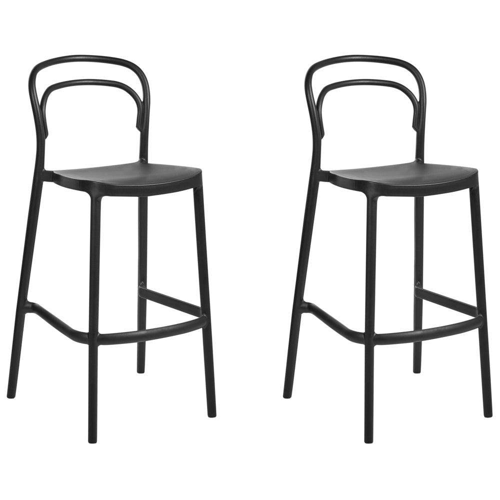 Set di 2 sedie da bar in plastica nera moderna resistente alle intemperie per uso interno ed esterno