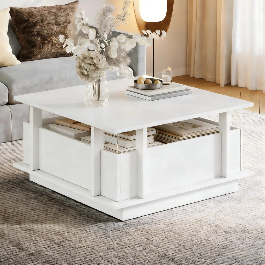 TAVOLINO Quadrato 70x70x35 cm Bianco lucido con 2 cassetti e illuminazione LED