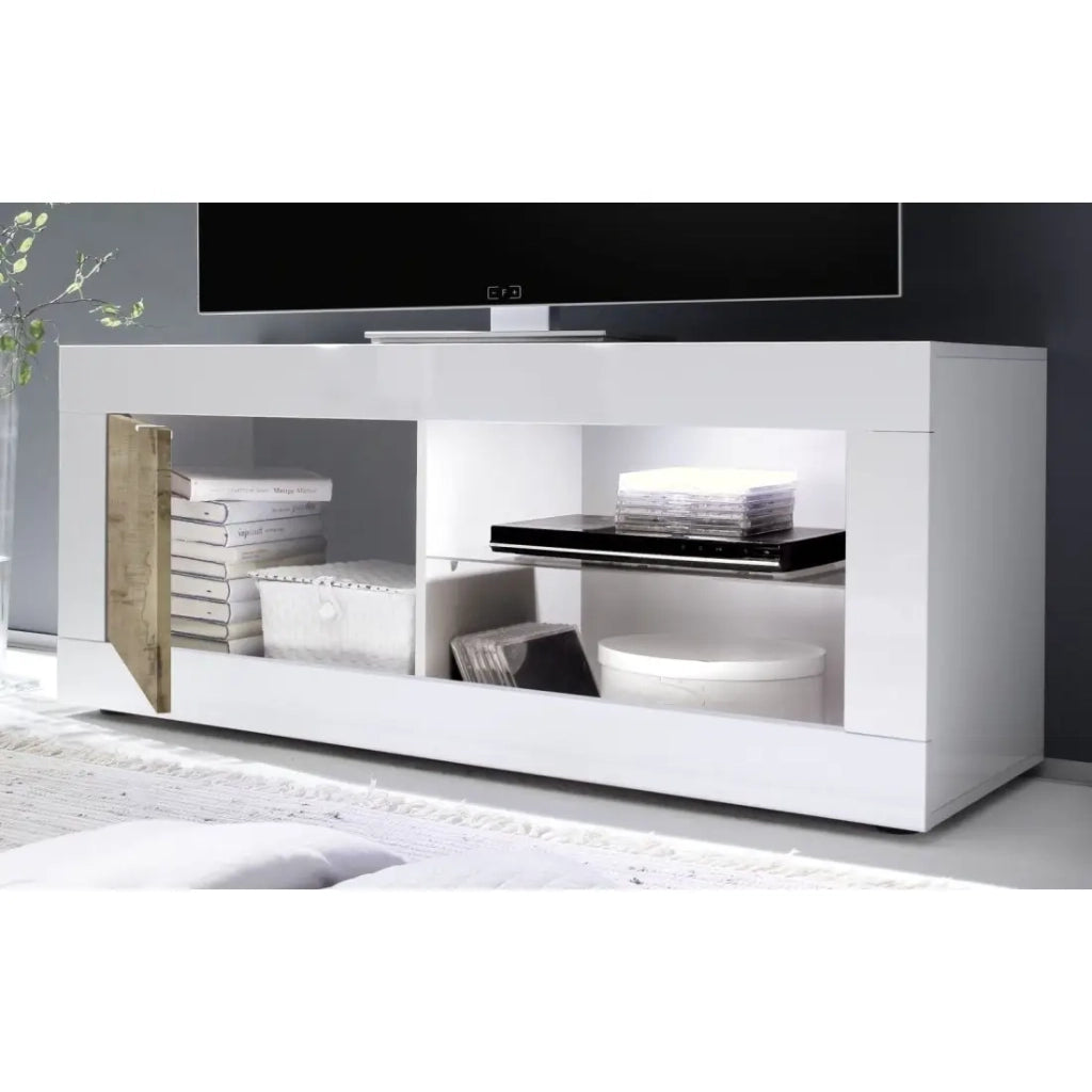 Mobile TV 1 porta, collezione ISORA, colori bianco lucido laccato e rovere chiaro