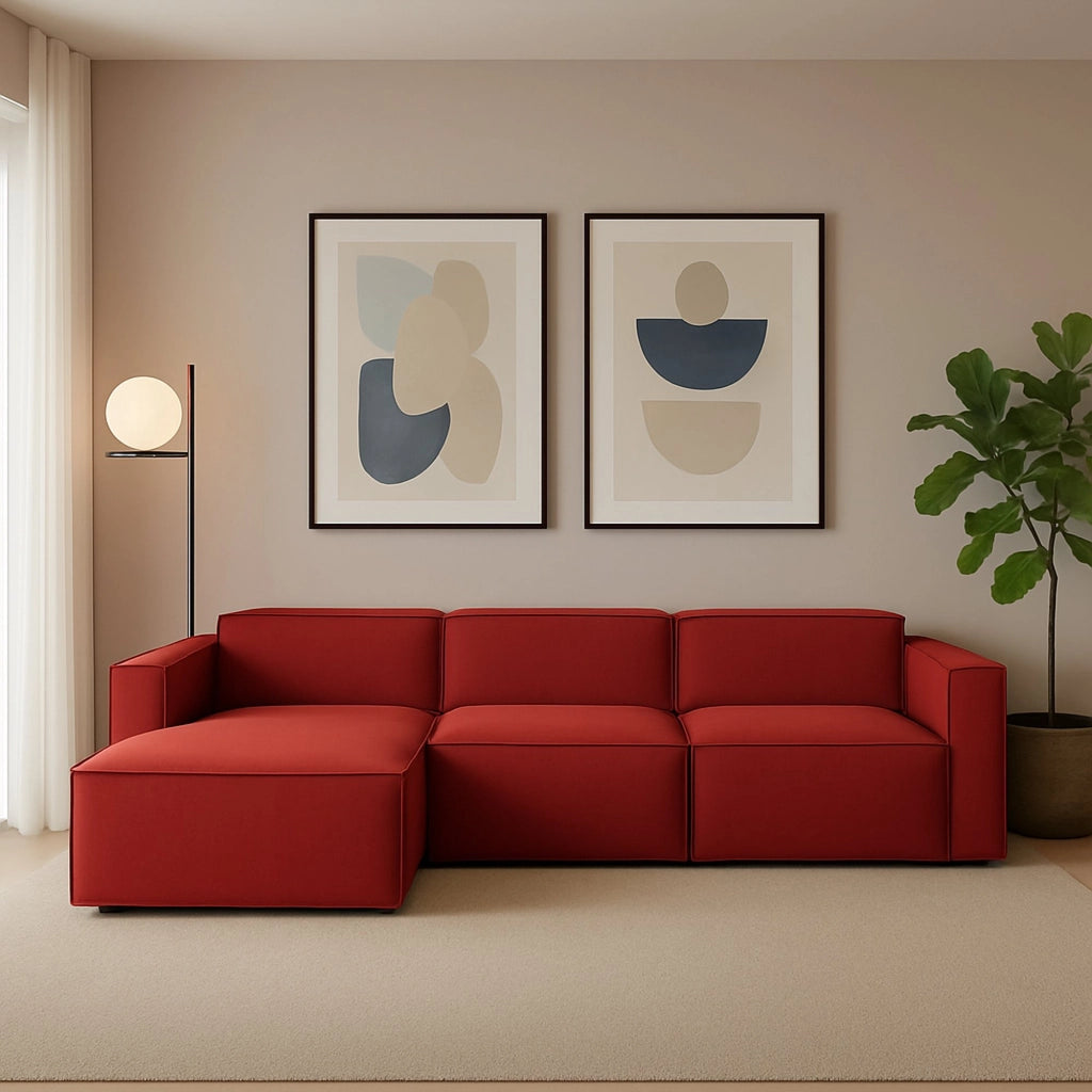 Divano fisso Atrillo, Divano componibile a 4 posti con penisola sinistra, Made in Italy, SofÒ  moderno in tessuto, Cm 340x170h70, Rosso