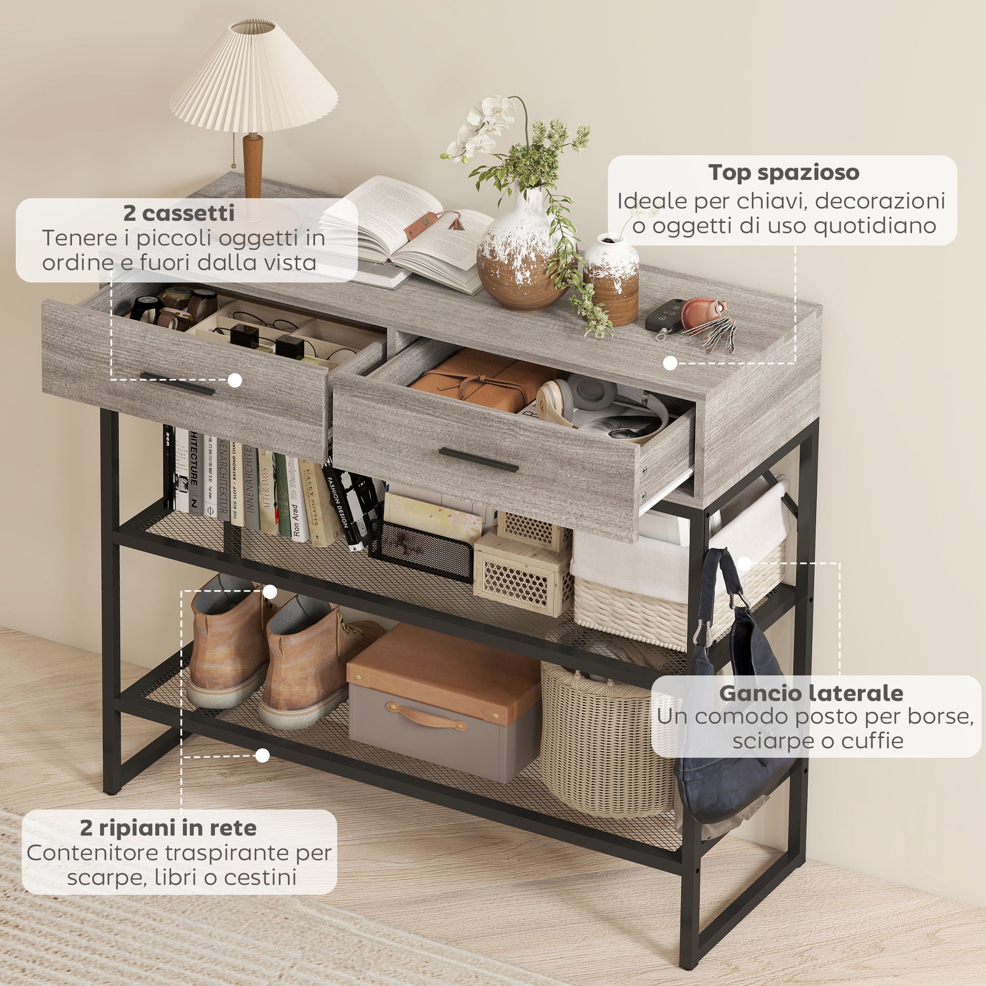 Consolle da Ingresso 100x35x92 cm con 2 Cassetti 2 Ripiani e Gancio Laterale in Legno e Metallo Nero e Legno