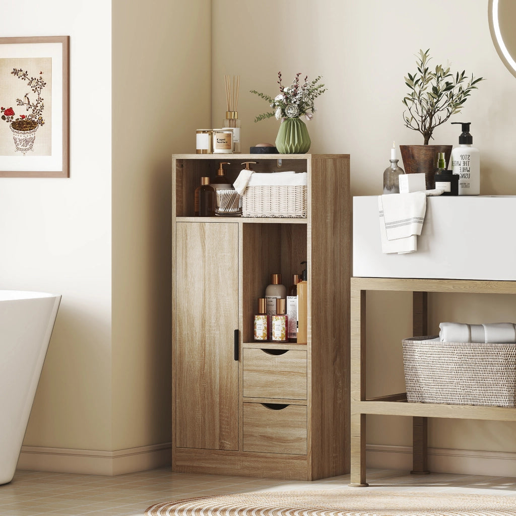 Mobile Bagno Salvaspazio Slim con 2 Cassetti, Ripiani e Armadietto, 50x25x100 cm, Legno Naturale