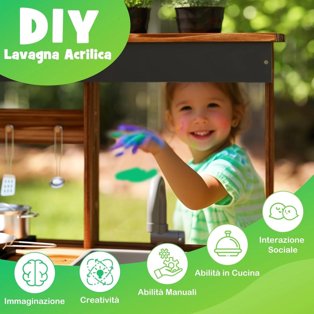 Cucina Giocattolo da Giardino con Lavagna, Cucina in Legno di Abete per Bambini con 4 Vasi da Giardinaggio, Fornelli 4 Accessori per Cucinare, 68 x 35 x 97 cm