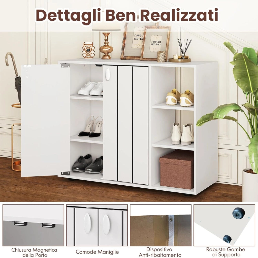 Mobiletto per Scarpe con Ante, Scaffale Porta Scarpe a 3 Ripiani con Mensole Regolabili, Organizzatore in Legno per Ingresso, Corridoio e Soggiorno, 80 x 31 x 64,5 cm (Bianco)
