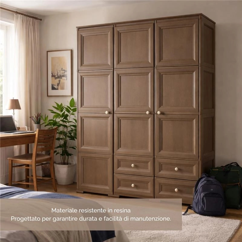ARMADIO 3 ANTE CON 2 APPENDIABITI E 4 CASSETTI MARRONE, GUARDAROBA MULTIUSO CON RIPIANI E VANI APERTI, 118 X 43 X H 164 CM