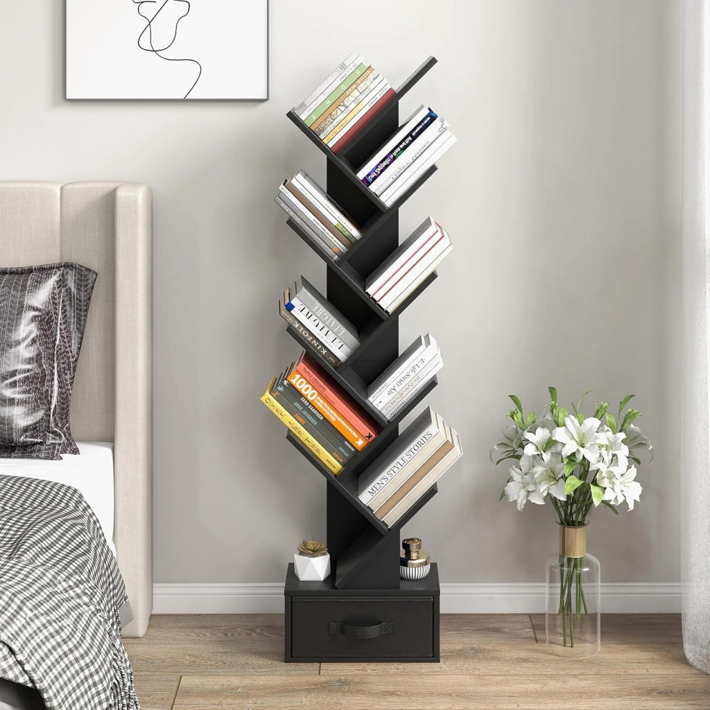 Libreria ad Albero, a 8 Ripiani, Scaffale per Libri con Cassetto Rimovibile, Design di Antiribaltamento, Organizzazione per CD, Riviste, Libri, 38x20x149,5 cm, 4 Colori (Nero)