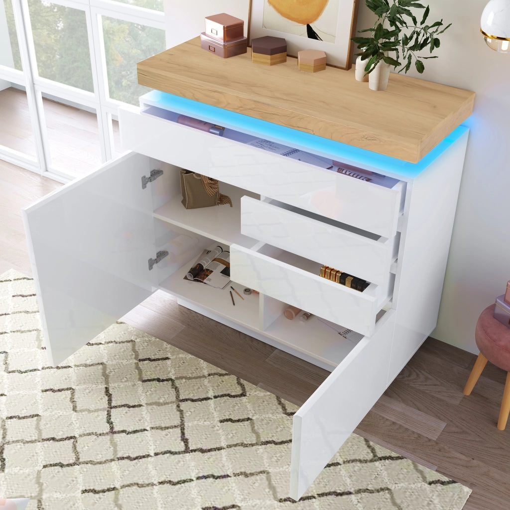 Credenza lucida con 2 ante e 3 cassetti, LED e ripiani regolabili, bianca 110 × 39 × 115 cm