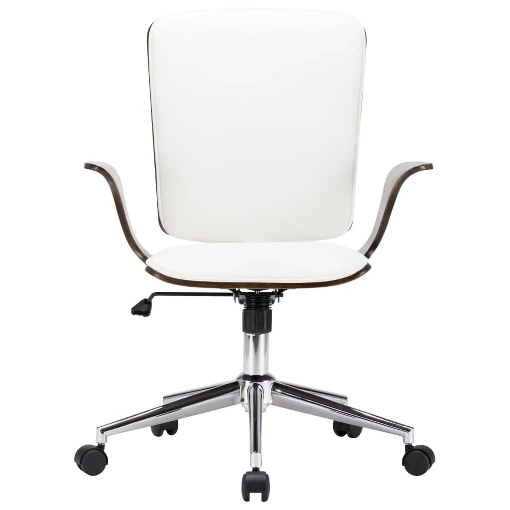 Poltroncina sedia girevole per studio ufficio computer in ecopelle e legno curvato bianco 02_0024087