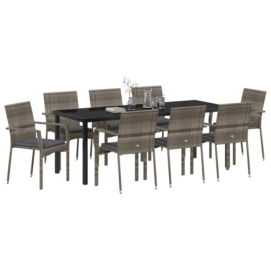 Set da Pranzo da Giardino 9 Pezzi con Cuscini Grigio Rattan Sintetico