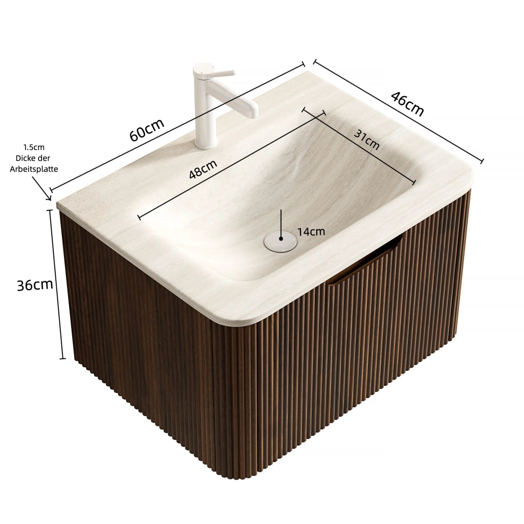 MOBILE BAGNO con lavabo integrato in pietra sinterizzata Beige e Noce